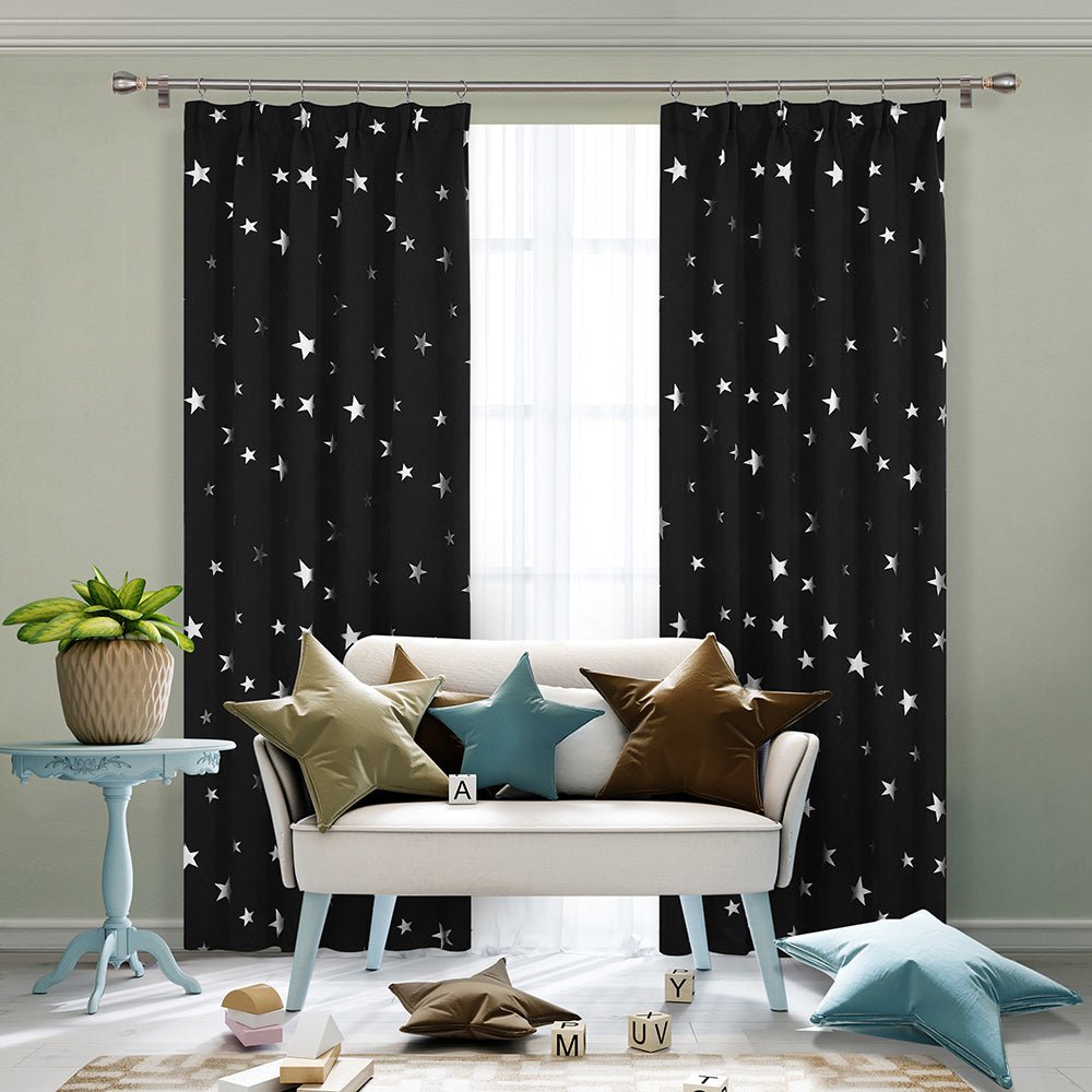 Deconovo Silver Star Printed Pencil Pleated Blackout Curtains Ready Made for Kidfriendly