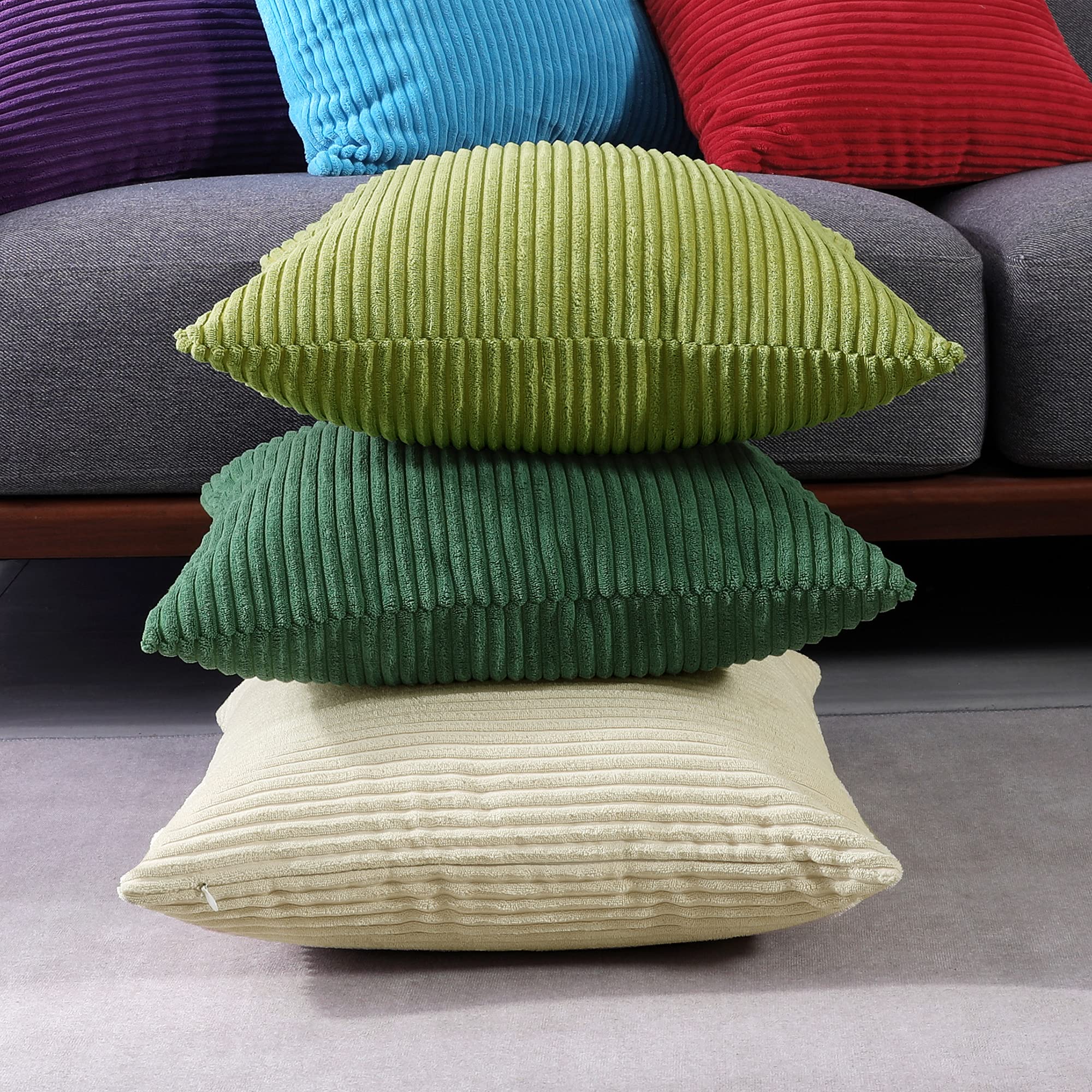 Deconovo Super Soft Set of 2 Corduroy Cushion Covers Square Throw Pillow Cases with Invisible Zipper, Striped Corduroy Cushion Cover