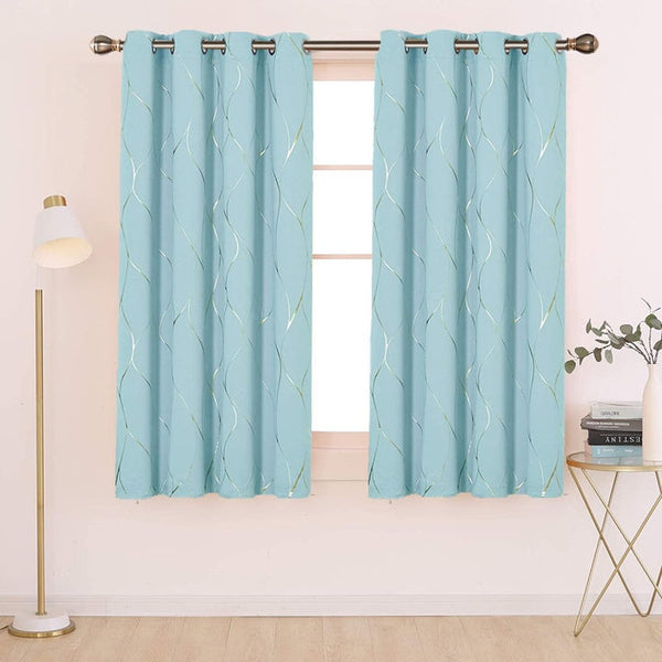 Gold Line Printed Eyelet Blackout Thermal Curtains | Ready Made Deconovo UK 2 Panels