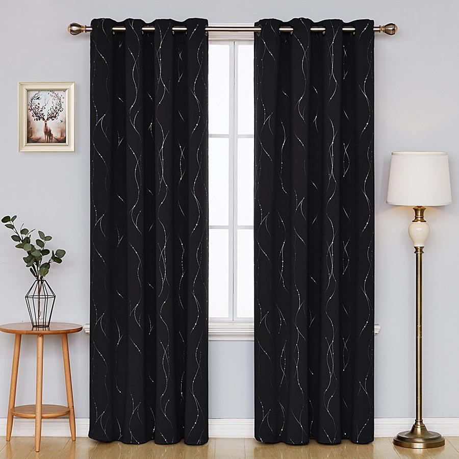 Striped Geometric Eyelet Curtains | Foil Print Dotted Wavy Lines for Bedroom | 2 Panels | Ready Made Deconovo UK