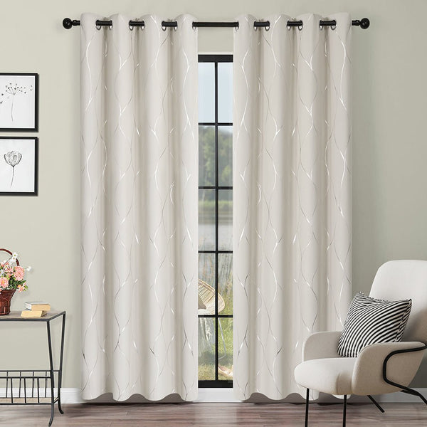 Deconovo Blackout Curtains Silver Wave Foil Printed Thermal Insulated Eyelet Curtains | Ready Made UK2 Panels