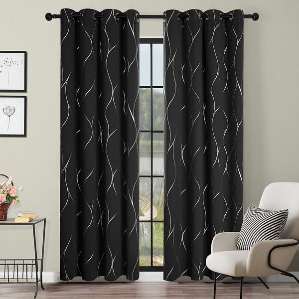 Deconovo Blackout Curtains Silver Wave Foil Printed Thermal Insulated Eyelet Curtains | Ready Made UK2 Panels