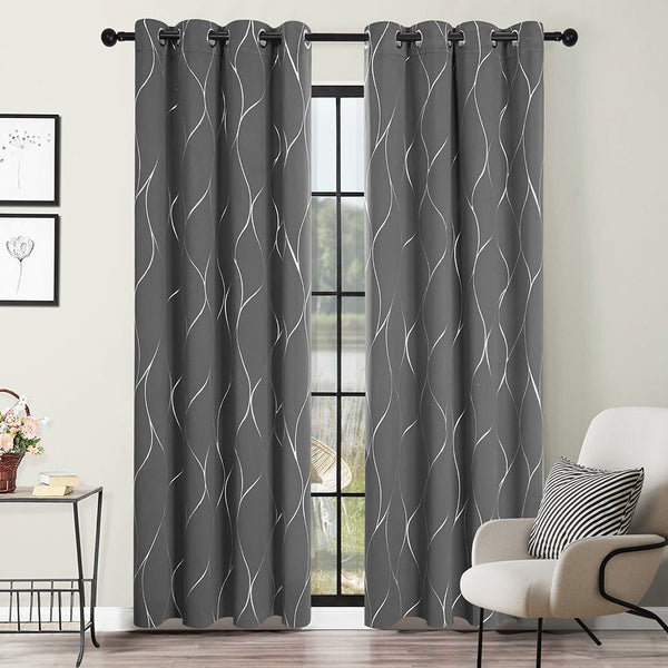 Deconovo Blackout Curtains Silver Wave Foil Printed Thermal Insulated Eyelet Curtains | Ready Made UK2 Panels