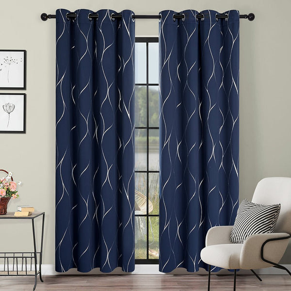 Deconovo Blackout Curtains Silver Wave Foil Printed Thermal Insulated Eyelet Curtains | Ready Made UK2 Panels