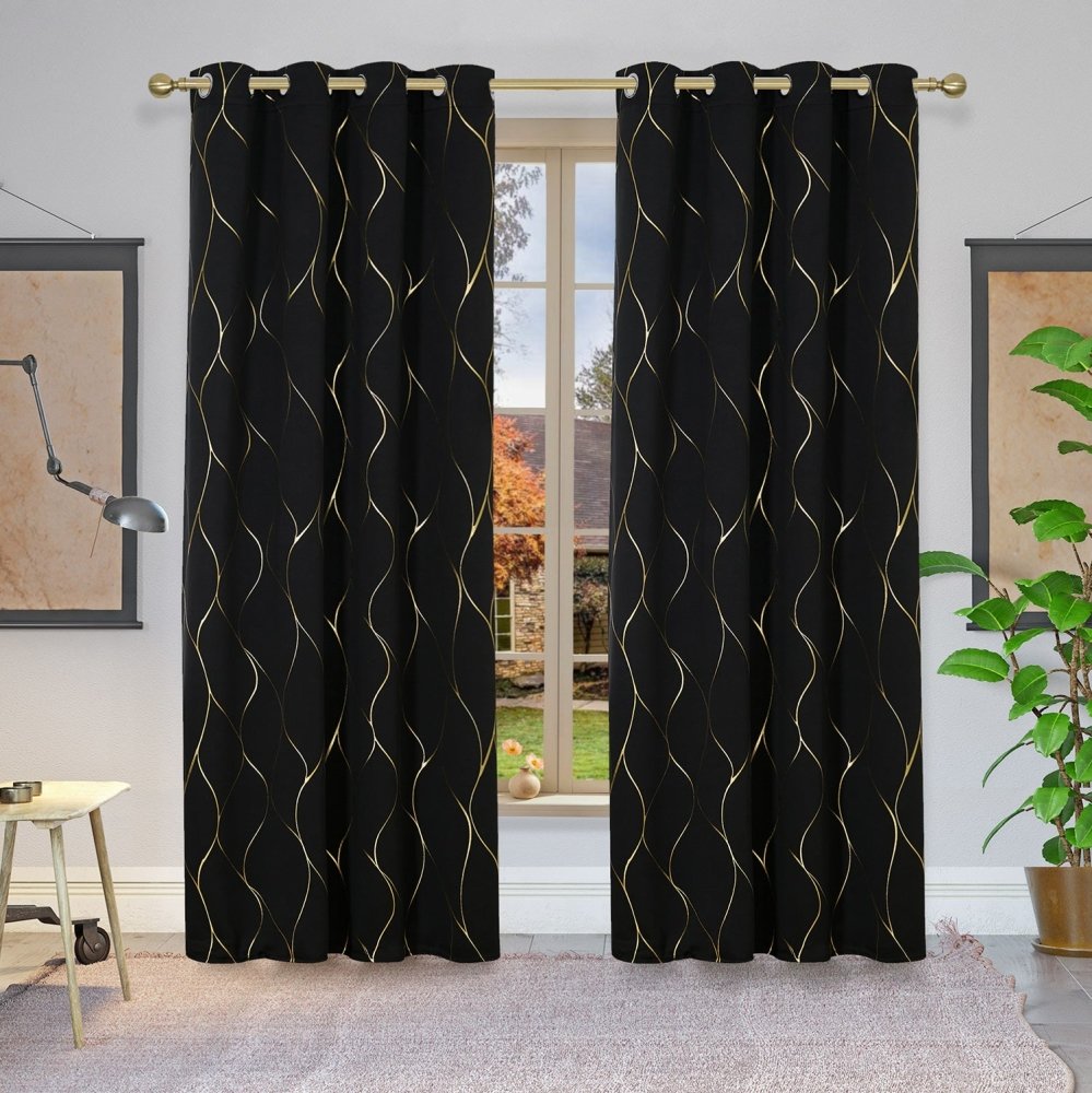 Gold Line Printed Eyelet Blackout Thermal Curtains | Ready Made Deconovo UK 2 Panels