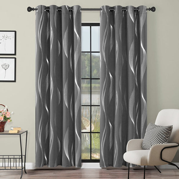 Foil Wave Line Print Grommet Blackout Thermal Curtains | Ready Made Deconovo UK 2 Panels