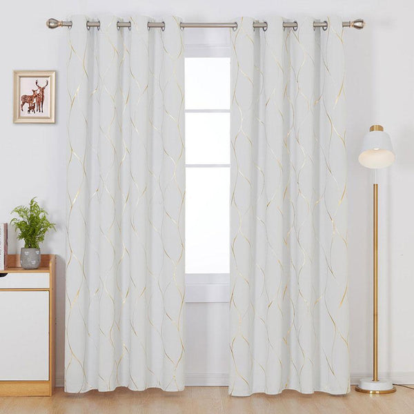 Gold Line Printed Eyelet Blackout Thermal Curtains | Ready Made Deconovo UK 2 Panels