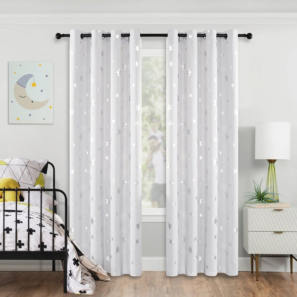 Childrens  Silver Stars Grommet Blackout Thermal Curtains | Deconovo Ready Made UK-2 Panels