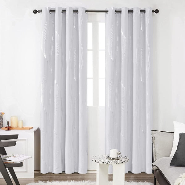Foil Wave Line Print Grommet Blackout Thermal Curtains | Ready Made Deconovo UK 2 Panels