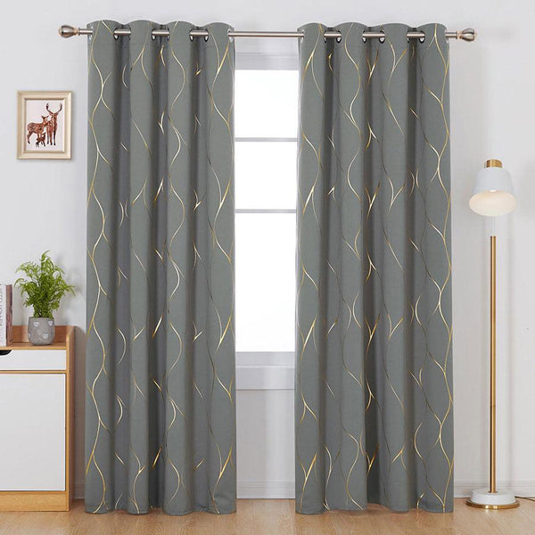 Gold Line Printed Eyelet Blackout Thermal Curtains | Ready Made Deconovo UK 2 Panels
