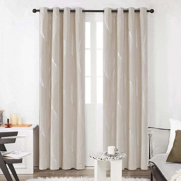 Foil Wave Line Print Grommet Blackout Thermal Curtains | Ready Made Deconovo UK 2 Panels