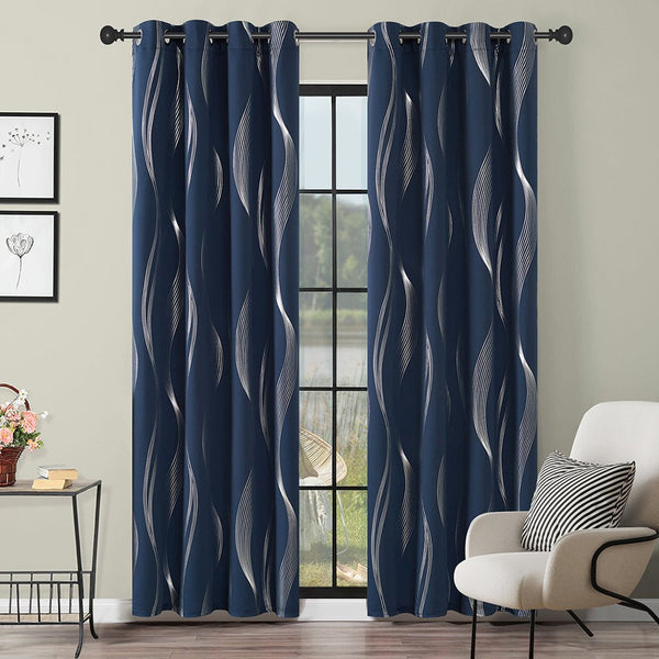 Foil Wave Line Print Grommet Blackout Thermal Curtains | Ready Made Deconovo UK 2 Panels