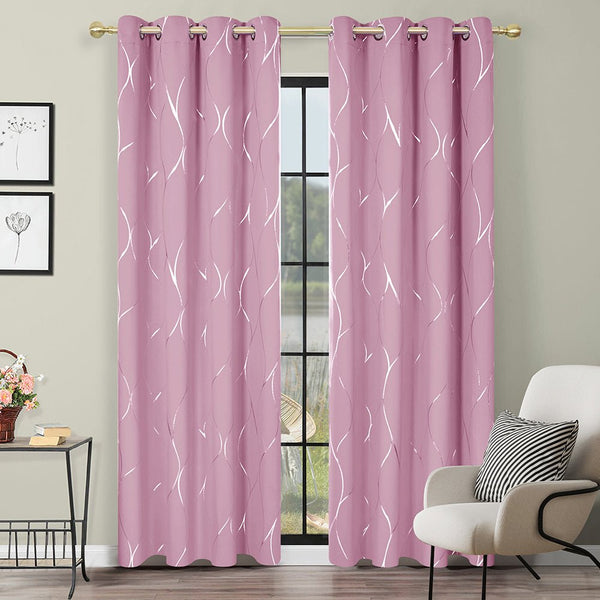 Deconovo Blackout Curtains Silver Wave Foil Printed Thermal Insulated Eyelet Curtains | Ready Made UK2 Panels