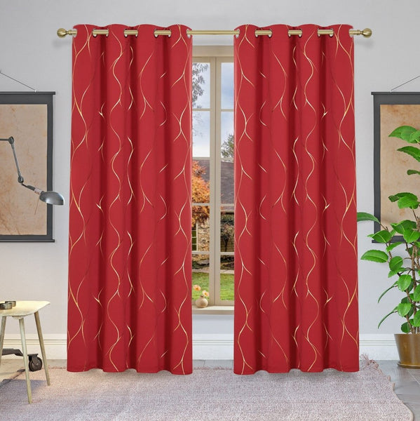 Gold Line Printed Eyelet Blackout Thermal Curtains | Ready Made Deconovo UK 2 Panels