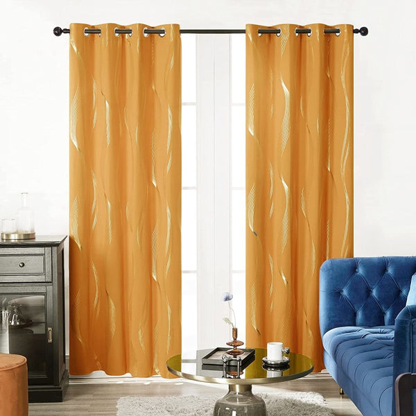 Foil Wave Line Print Grommet Blackout Thermal Curtains | Ready Made Deconovo UK 2 Panels